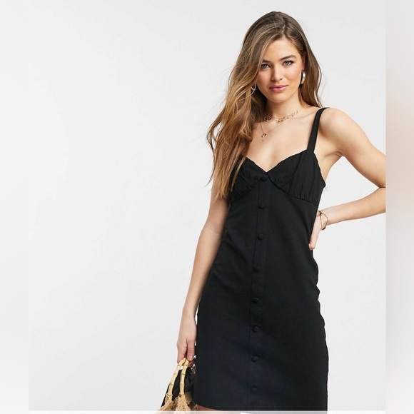 ASOS DESIGN Tall button through cupped mini dress in black sz 14 - Picture 2 of 9